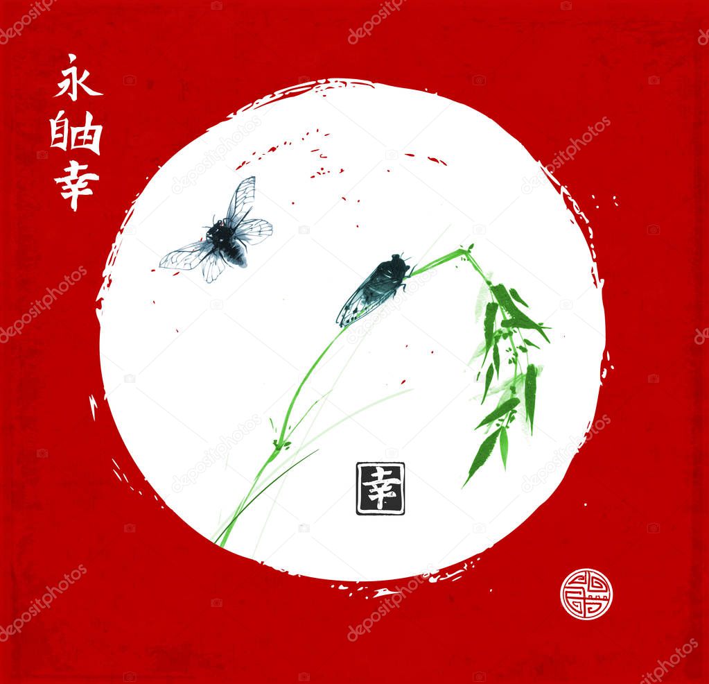 Two cicadas and bamboo branch in white circle on red background. Traditional Japanese ink painting sumi-e, u-sin, go-hua