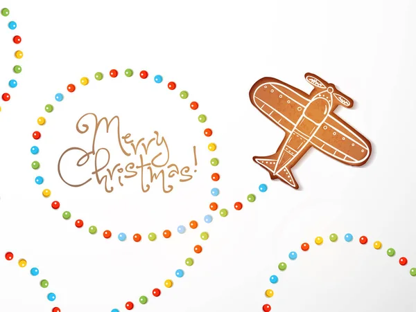 ジンジャーブレッドの飛行機と砂糖のお菓子とクリスマス カード — ストックベクタ