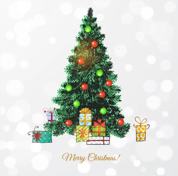 Handgezeichneter Weihnachtsbaum Und Geschenkschachteln Weihnachtskarte Auf Weißem Glühenden Hintergrund — Stockvektor