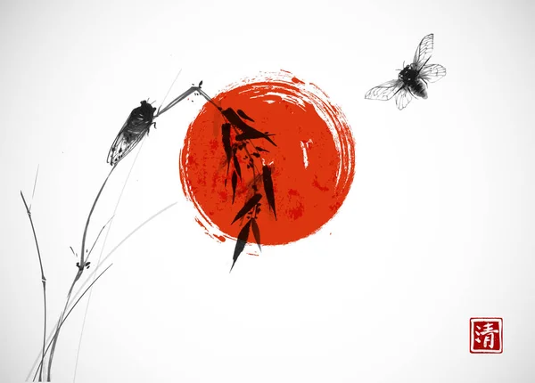 在米纸背景下 蜻蜓在草地上飞来飞去 传统东方水墨画 象形文字 — 图库矢量图片