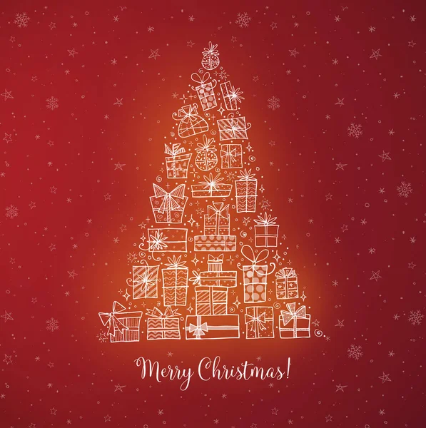 Weihnachtsbaum Aus Geschenkschachteln Weihnachtskarte Auf Rotem Hintergrund — Stockvektor