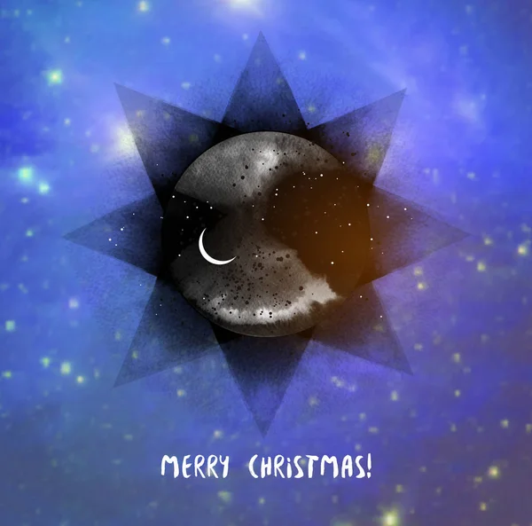 Tarjeta Navidad Con Estrellas Luna Creciente Sobre Fondo Azul Brillante — Vector de stock