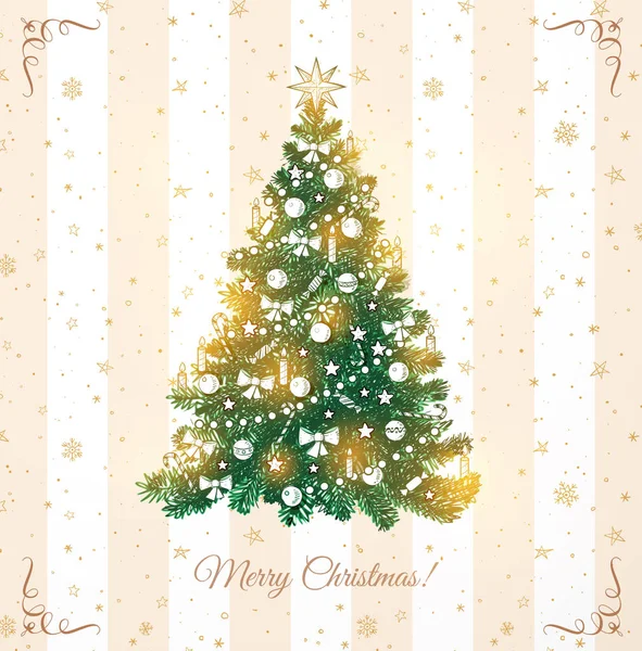 手绘圣诞树 圣诞卡在可爱的复古背景 — 图库矢量图片
