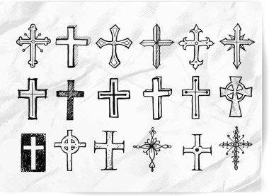 Büyük siyah doodle kroki kümesi grunge Kağıt arka plan üzerinde haçlar. Vektör çizim