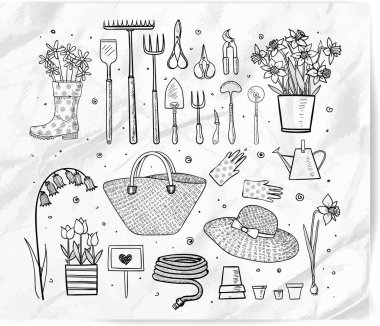 Bahçe beyaz kağıt arka plan üzerinde doodles. Vektör çizim