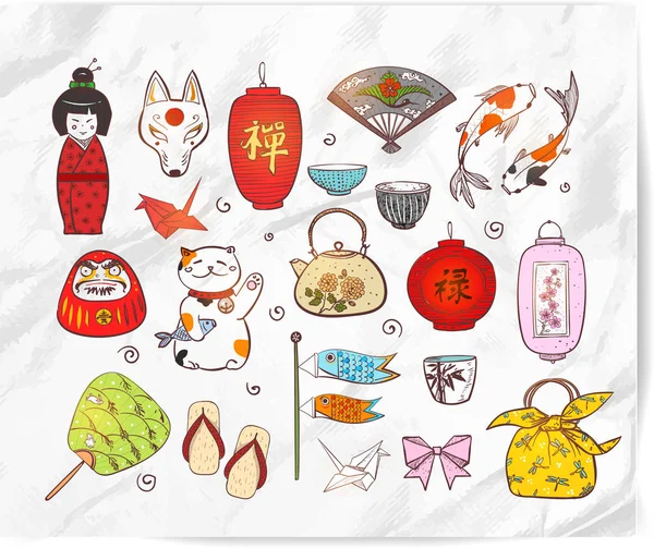 Japan Doodles Realistische Witboek Achtergrond Hiërogliefen Welzijn Zen — Stockvector