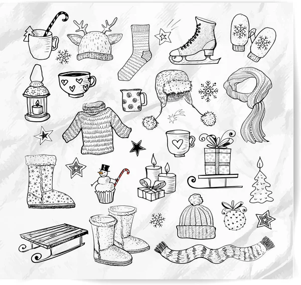 Doodle Elementos Inverno Preto Branco Ilustração Vetorial — Vetor de Stock