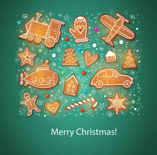 おもちゃの形でジンジャーブレッド クッキーとクリスマス カード 飛行機 潜水艦 蒸気鉄道など緑の背景に ベクトル — ストックベクタ