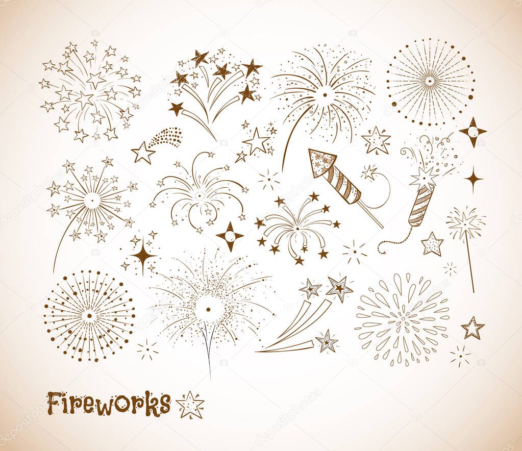 Set of doodle firework and fireckrackers on vintage background - Vector illustration