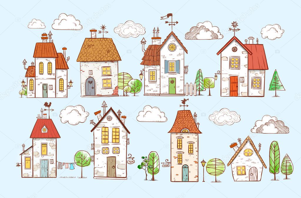 Cute colored doodle houses  on blue background. Vector illustration