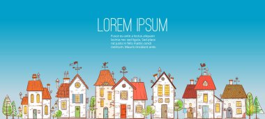Şirin renkli doodle mavi arka plan üzerinde ev sahipliği yapmaktadır. Vektör çizim