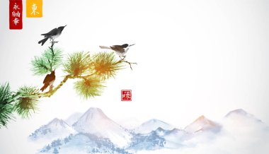 Ağaç dalı siyah daire kuşlarda. Geleneksel oryantal mürekkep boyama sumi-e, u-sin, go-hua.