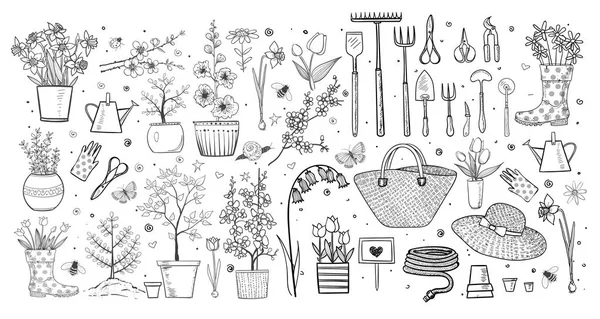 Doodle kroki bahçe çiçekleri beyaz arka plan üzerinde topluluğu