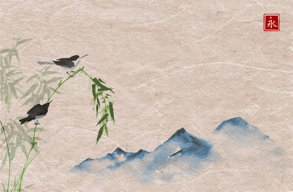 Pássaros Galho Árvore Círculo Preto Tinta Oriental Tradicional Pintura Sumi — Vetor de Stock