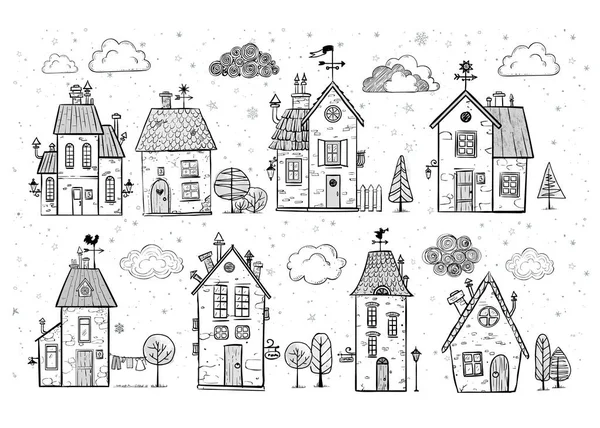 Maisons Dessinées Sur Fond Blanc Illustration Vectorielle — Image vectorielle