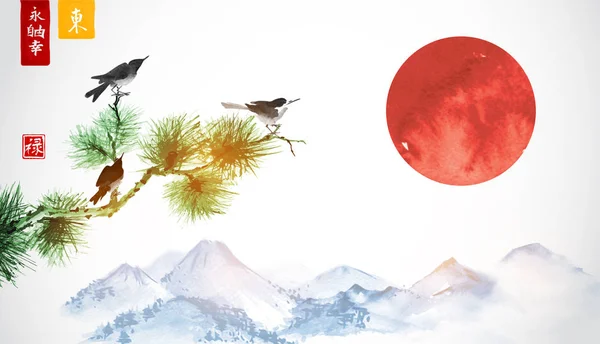 Azjatycka Akwarelowych Ptaki Drzewo Czerwone Słońce Ilustracji Wektorowych — Wektor stockowy