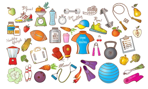 背景としてスポーツと食べ物の兆候のカラフルなベクトル イラスト — ストックベクタ