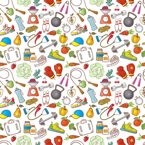 背景としてスポーツと食べ物の兆候のカラフルなベクトル イラスト — ストックベクタ