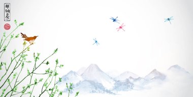 Asya suluboya resim, kuşlar ve flora, vektör çizim 