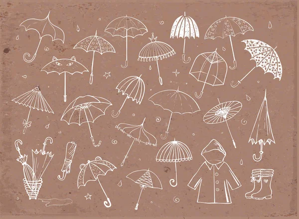 Uppsättning Doodle Skiss Paraplyer Vintage Bakgrund Vektorillustration — Stock vektor