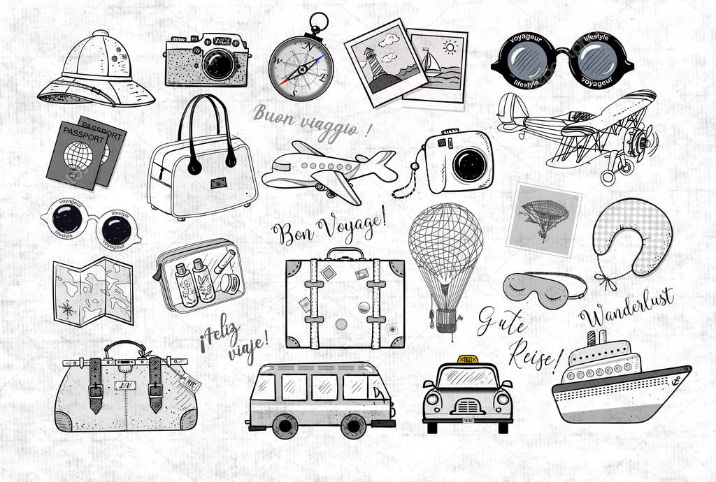 Travel doodles on background. Vector illustration