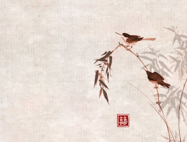 Taze yaprakları ve mavi gökyüzü ile ağaç dalları kuşlarda