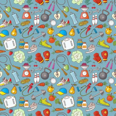 spor ve yiyecek işaretleri renkli vektör çizim arka planı olarak