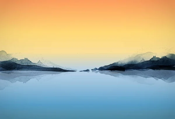 ベクトルイラストアート 山の青い湖の水彩画 — ストックベクタ