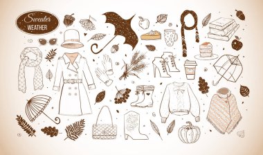 Sonbahar tarzı Doodles koleksiyonu. Sonbahar kıyafeti moda Illustration