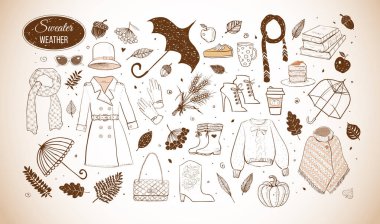 Collection of autumn style doodles. Fashion illustration of autumn outfit clipart