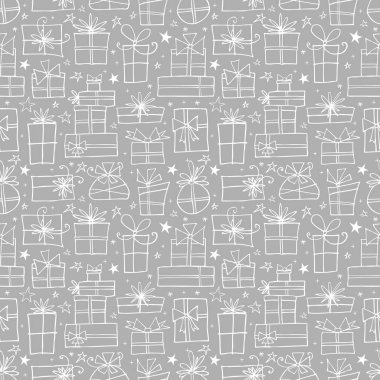 Arka planda beyaz Doodle hediye kutuları ile Dikişsiz desen. Duvar kağıdı, desen dolgular, tekstil, Web sayfası arka plan, yüzey dokusu için kullanılabilir