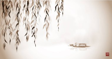Willow tree and little boat in water. Traditional Japanese ink wash painting sumi-e in vintage style. Hieroglyph - eternity - Vector clipart