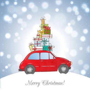 Vintage kırmızı araba taşıyan hediye kutuları ile Noel kartı. 