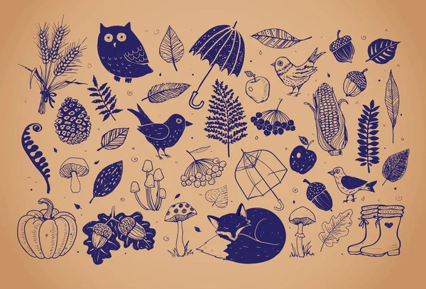 Herfst Doodles Vintage Achtergrond Val Illustratie Set Van Herfst Ontwerpelementen — Stockvector