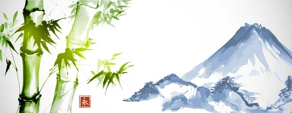 绿色竹子和远蓝的山脉在白色的背景 传统的日本水墨洗画Sumi 象形文字 — 图库矢量图片