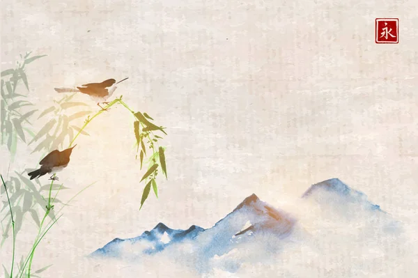 Zwei Kleine Vögel Sitzen Auf Bambuszweigen Und Fernen Blauen Bergen — Stockvektor