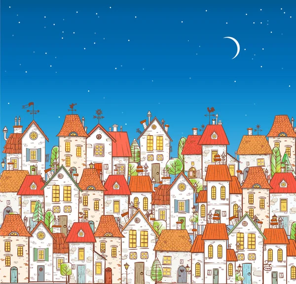 Illustratie Met Doodle Cartoon Gekleurde Huizen Achtergrond Stadslandschap Vector — Stockvector