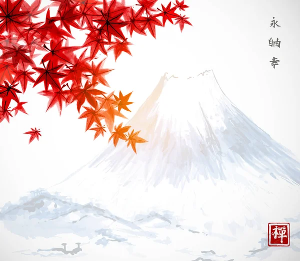 Kırmızı Japon Akçaağaç Yaprakları Fujiyama Dağı Geleneksel Japon Mürekkep Yıkama — Stok Vektör