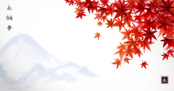 红色的日本枫叶和远蓝的山脉 传统日本水墨洗画 Sumi — 图库矢量图片