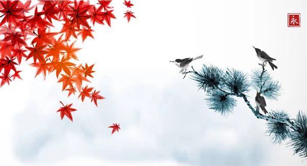 Krajobraz Czerwonymi Japońskimi Liśćmi Klonu Błękitne Zachmurzone Niebo Trzy Ptaki — Wektor stockowy