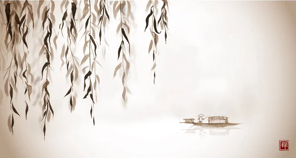 Willow tree and little boat in water. Traditional Japanese ink wash painting sumi-e in vintage style. Hieroglyph - eternity - Vector