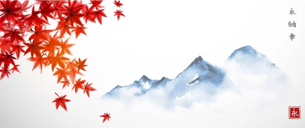 Rote Japanische Ahornblätter Und Weit Blaue Berge Traditionelle Japanische Tuschemalerei — Stockvektor