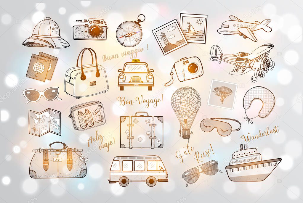Travel doodles on white glowing background - Vector