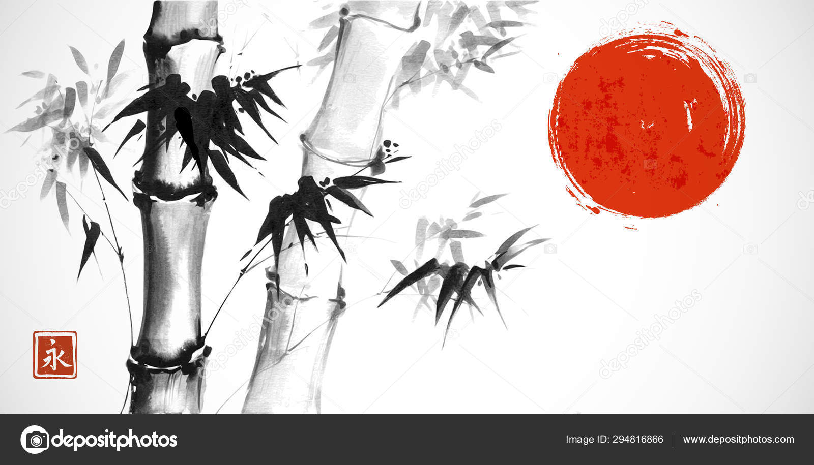Watercolor Black Bamboo Red Sun White Background Traditional Japanese