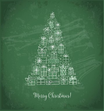 Yeşil arka plan üzerinde noel ağacı şeklinde anahat noel hediye kutuları