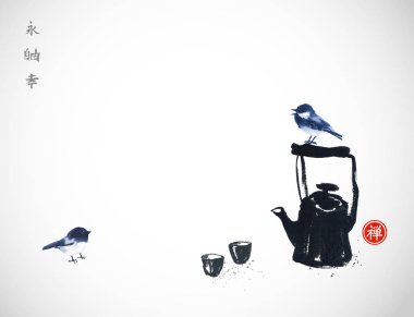 Geleneksel Japon tarzında küçük suluboya kuşlar ile çay seti 