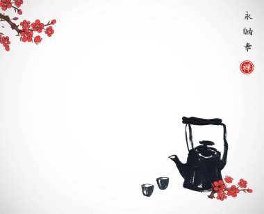 Geleneksel Japon tarzında sakura çiçekli çay seti 