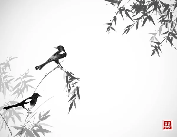 Pájaros Dibujados Mano Negros Sentados Ramitas Bambú Acuarela Sobre Fondo — Vector de stock