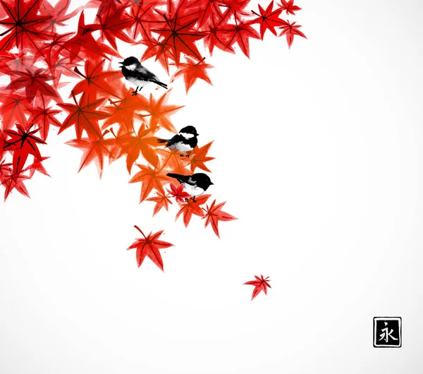 Watercolor Red Autumn Leaves Little Black Birds Twigs Traditional Japanese — Stock Vector