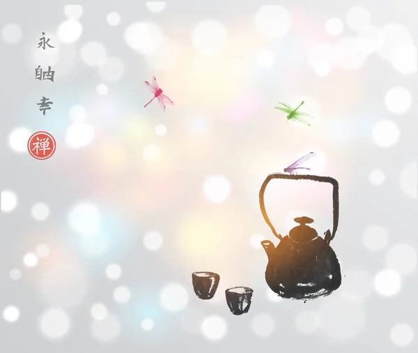 Чай Стрекозами Традиционном Японском Стиле Боке — стоковый вектор